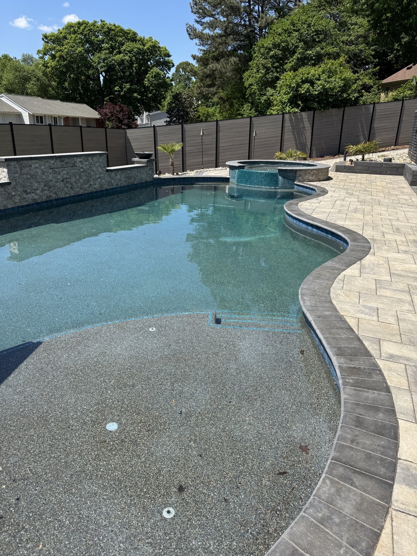 Completed freeform inground pool with paver surround